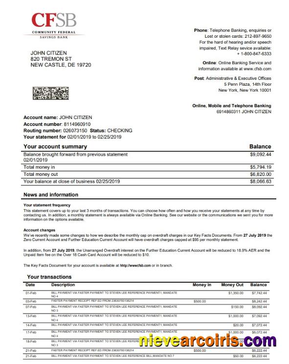 USA New York CFSB bank statement